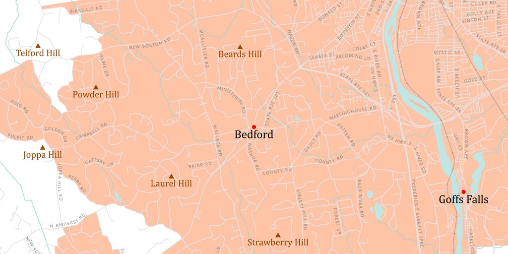NH Hillsborough Bedford Vector Road Map. All source data is in the public domain. U.S. Census Bureau Census Tiger. Used Layers: areawater, linearwater, roads, rails, cousub, pointlm, uac10.