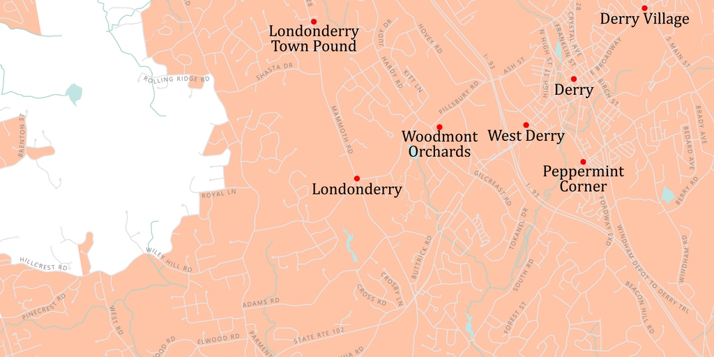 NH Rockingham Londonderry Vector Road Map. All source data is in the public domain. U.S. Census Bureau Census Tiger. Used Layers: areawater, linearwater, roads, rails, cousub, pointlm, uac10.
