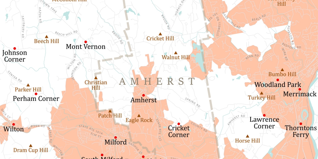 NH Hillsborough Amherst Vector Road Map. All source data is in the public domain. U.S. Census Bureau Census Tiger. Used Layers: areawater, linearwater, roads, rails, cousub, pointlm, uac10.
