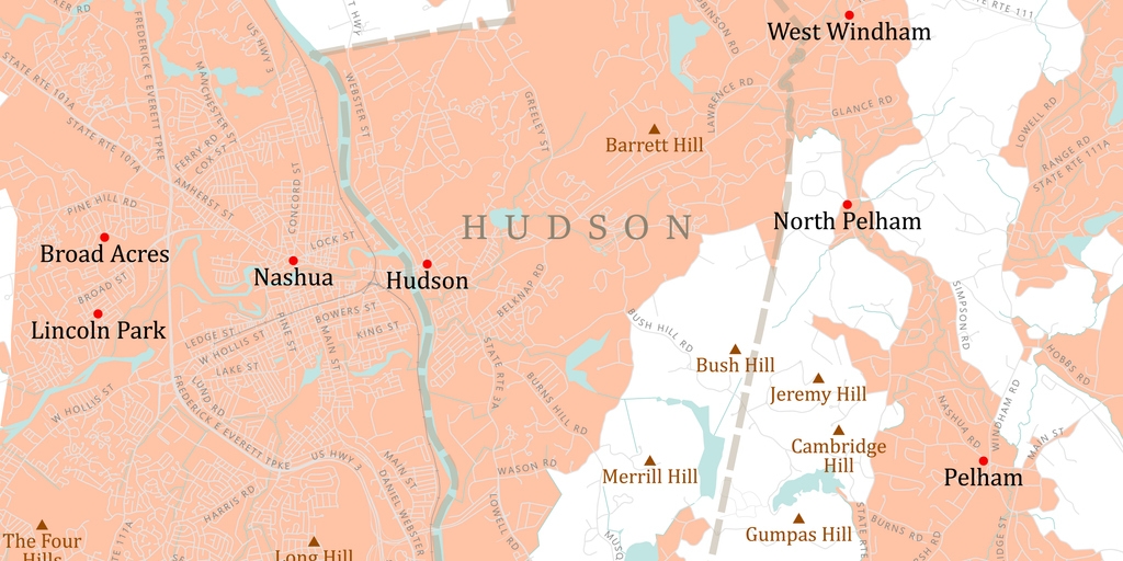 NH Hillsborough Hudson Vector Road Map. All source data is in the public domain. U.S. Census Bureau Census Tiger. Used Layers: areawater, linearwater, roads, rails, cousub, pointlm, uac10.