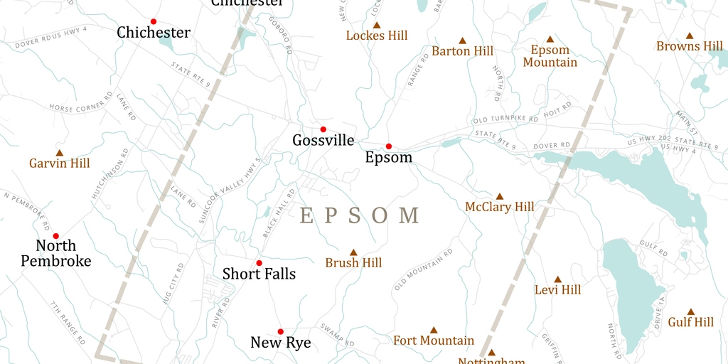 NH Merrimack Epsom Vector Road Map. All source data is in the public domain. U.S. Census Bureau Census Tiger. Used Layers: areawater, linearwater, roads, rails, cousub, pointlm, uac10.