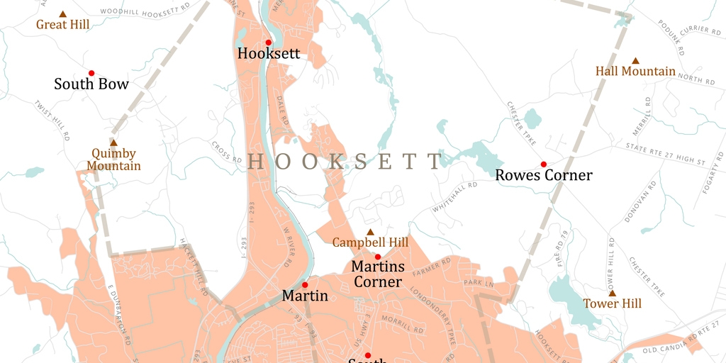 NH Merrimack Hooksett Vector Road Map. All source data is in the public domain. U.S. Census Bureau Census Tiger. Used Layers: areawater, linearwater, roads, rails, cousub, pointlm, uac10.