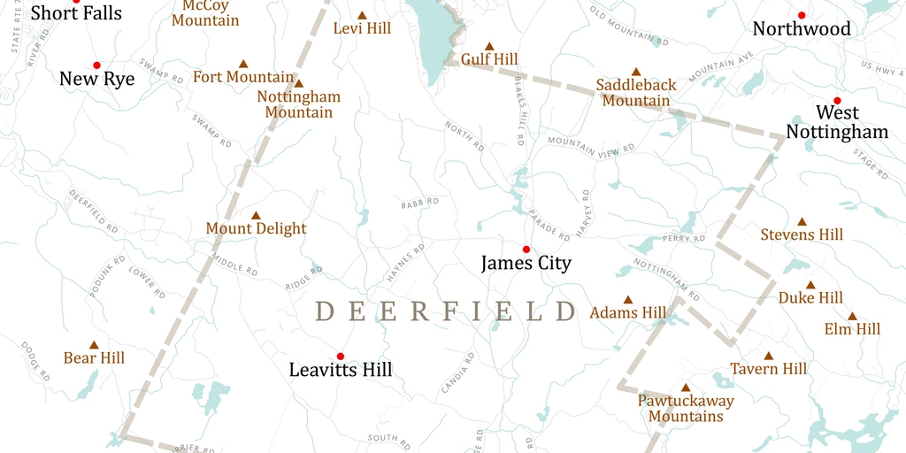 NH Rockingham Deerfield Vector Road Map. All source data is in the public domain. U.S. Census Bureau Census Tiger. Used Layers: areawater, linearwater, roads, rails, cousub, pointlm, uac10.