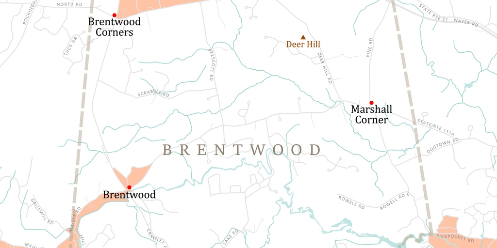 NH Rockingham Brentwood Vector Road Map. All source data is in the public domain. U.S. Census Bureau Census Tiger. Used Layers: areawater, linearwater, roads, rails, cousub, pointlm, uac10.
