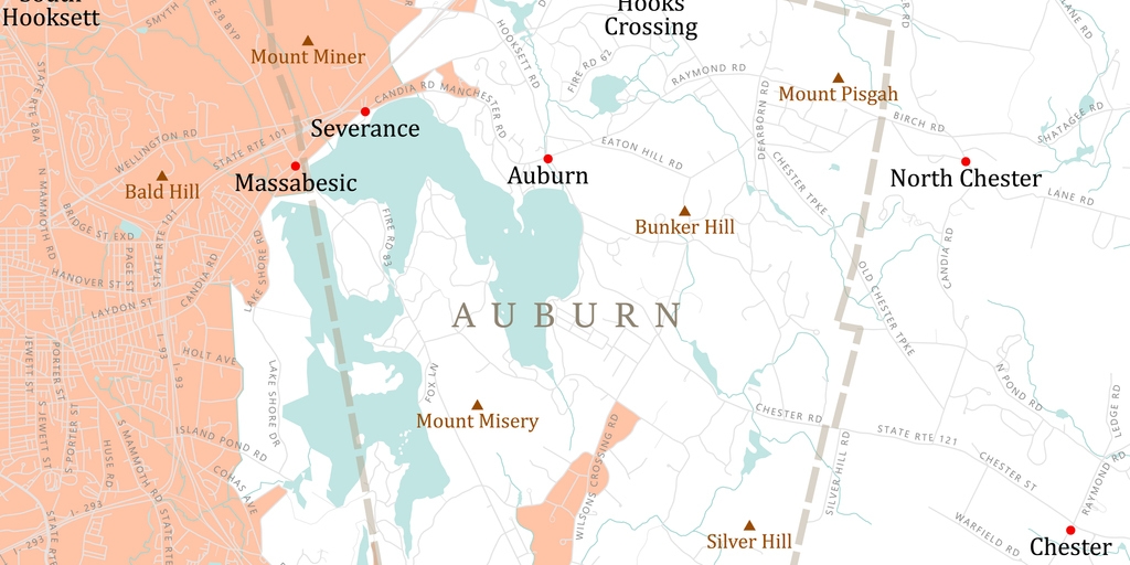 NH Rockingham Auburn Vector Road Map. All source data is in the public domain. U.S. Census Bureau Census Tiger. Used Layers: areawater, linearwater, roads, rails, cousub, pointlm, uac10.