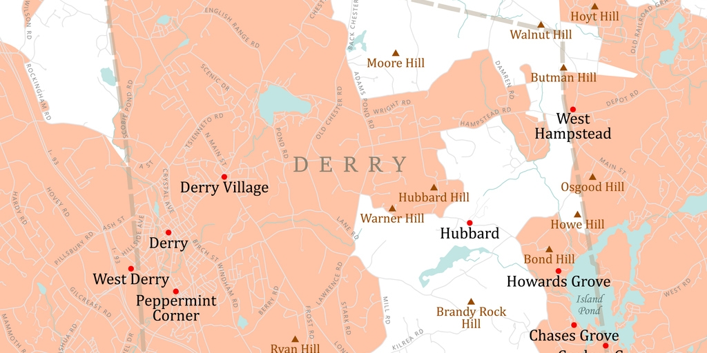 NH Rockingham Derry Vector Road Map. All source data is in the public domain. U.S. Census Bureau Census Tiger. Used Layers: areawater, linearwater, roads, rails, cousub, pointlm, uac10.