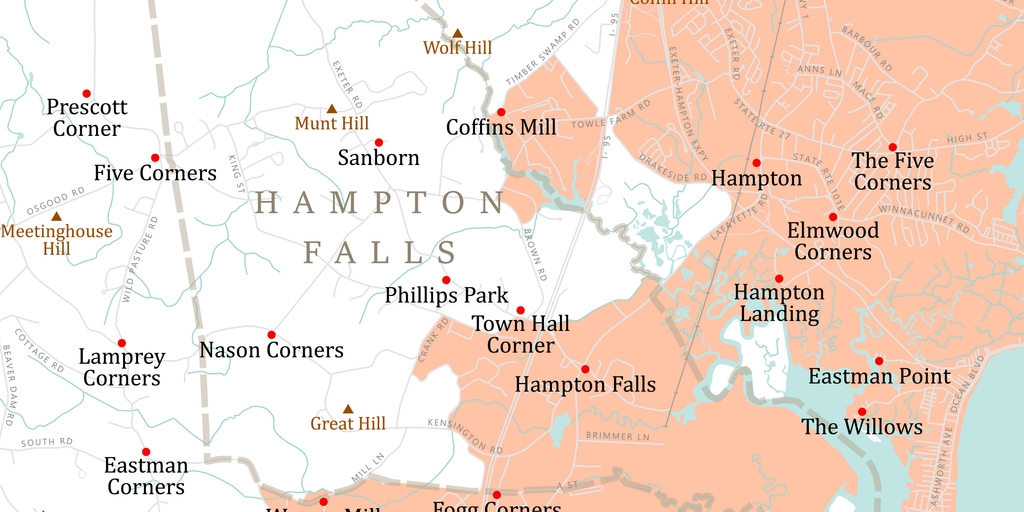 NH Rockingham Hampton Falls Vector Road Map. All source data is in the public domain. U.S. Census Bureau Census Tiger. Used Layers: areawater, linearwater, roads, rails, cousub, pointlm, uac10.