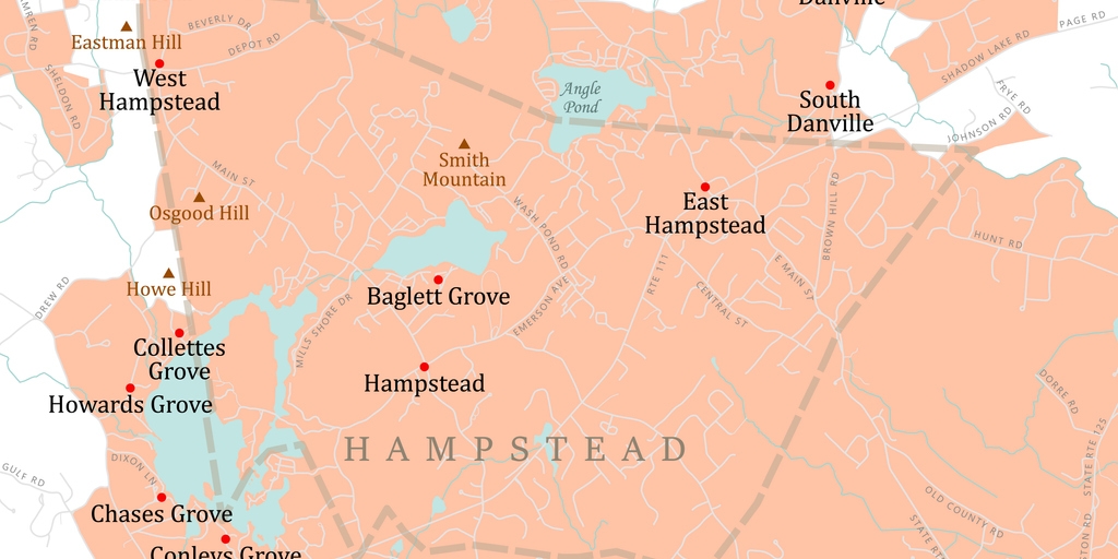 NH Rockingham Hampstead Vector Road Map. All source data is in the public domain. U.S. Census Bureau Census Tiger. Used Layers: areawater, linearwater, roads, rails, cousub, pointlm, uac10.