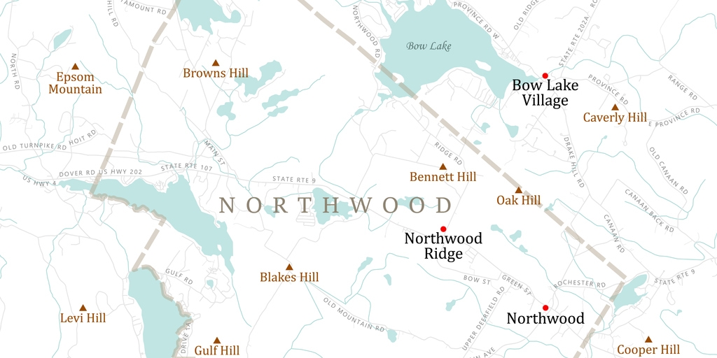 NH Rockingham Northwood Vector Road Map. All source data is in the public domain. U.S. Census Bureau Census Tiger. Used Layers: areawater, linearwater, roads, rails, cousub, pointlm, uac10.