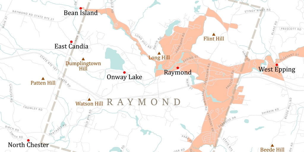 NH Rockingham Raymond Vector Road Map. All source data is in the public domain. U.S. Census Bureau Census Tiger. Used Layers: areawater, linearwater, roads, rails, cousub, pointlm, uac10.