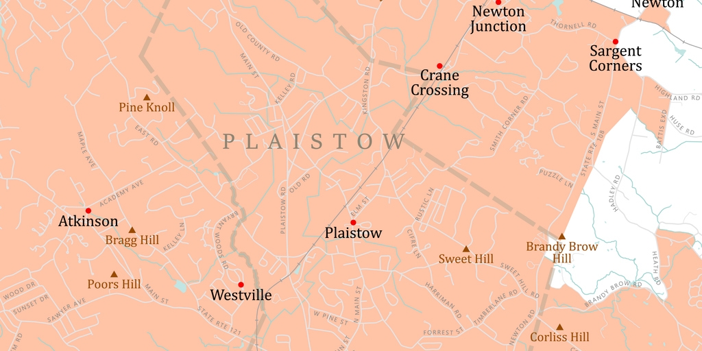 NH Rockingham Plaistow Vector Road Map. All source data is in the public domain. U.S. Census Bureau Census Tiger. Used Layers: areawater, linearwater, roads, rails, cousub, pointlm, uac10.