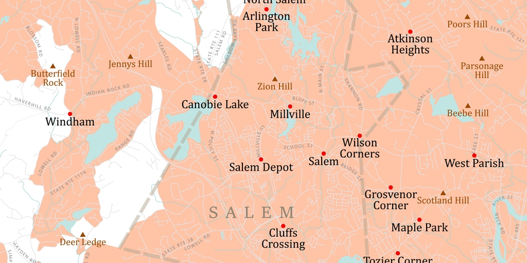 NH Rockingham Salem Vector Road Map. All source data is in the public domain. U.S. Census Bureau Census Tiger. Used Layers: areawater, linearwater, roads, rails, cousub, pointlm, uac10.