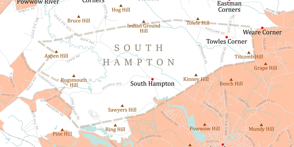 NH Rockingham South Hampton Vector Road Map. All source data is in the public domain. U.S. Census Bureau Census Tiger. Used Layers: areawater, linearwater, roads, rails, cousub, pointlm, uac10.