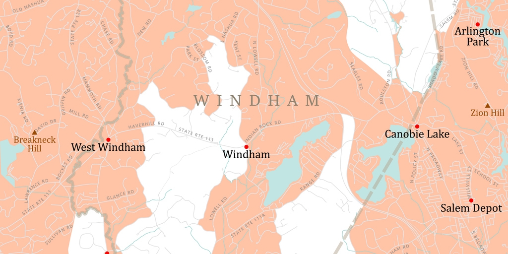 NH Rockingham Windham Vector Road Map. All source data is in the public domain. U.S. Census Bureau Census Tiger. Used Layers: areawater, linearwater, roads, rails, cousub, pointlm, uac10.