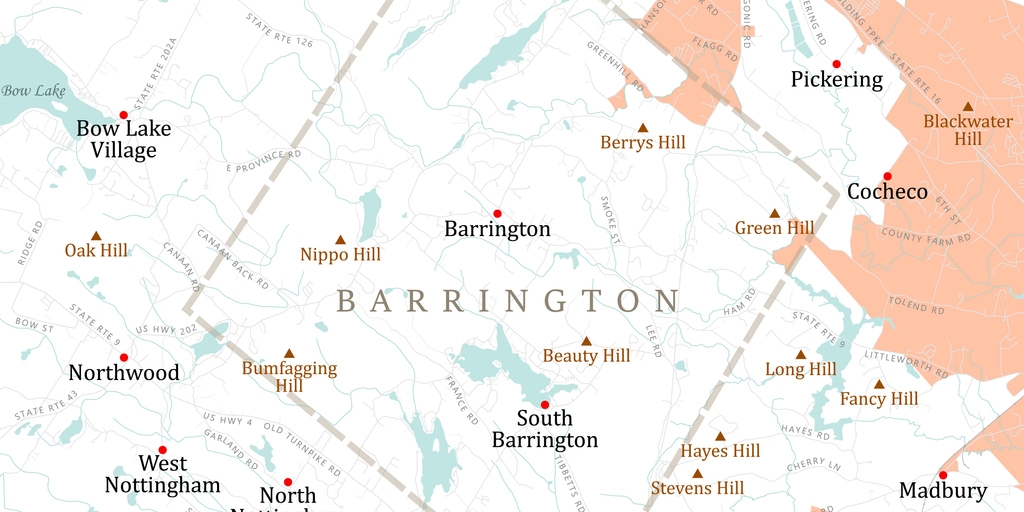 NH Strafford Barrington Vector Road Map. All source data is in the public domain. U.S. Census Bureau Census Tiger. Used Layers: areawater, linearwater, roads, rails, cousub, pointlm, uac10.